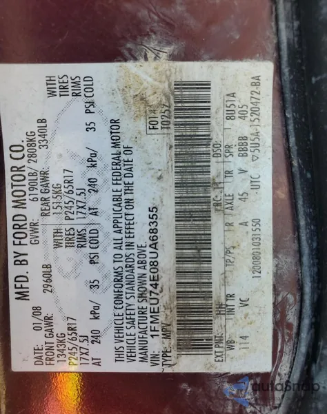 2008 Ford Explorer Eddie Bauer from USA, damaged, VIN 1FMEU74E08UA68355